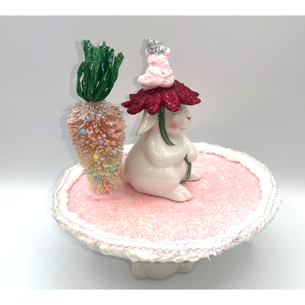 Vintage Ceramic Bunny Sitting on Cake Stand Bottle Brush Carrott Tree Flower Hat - Picture 8 of 16
